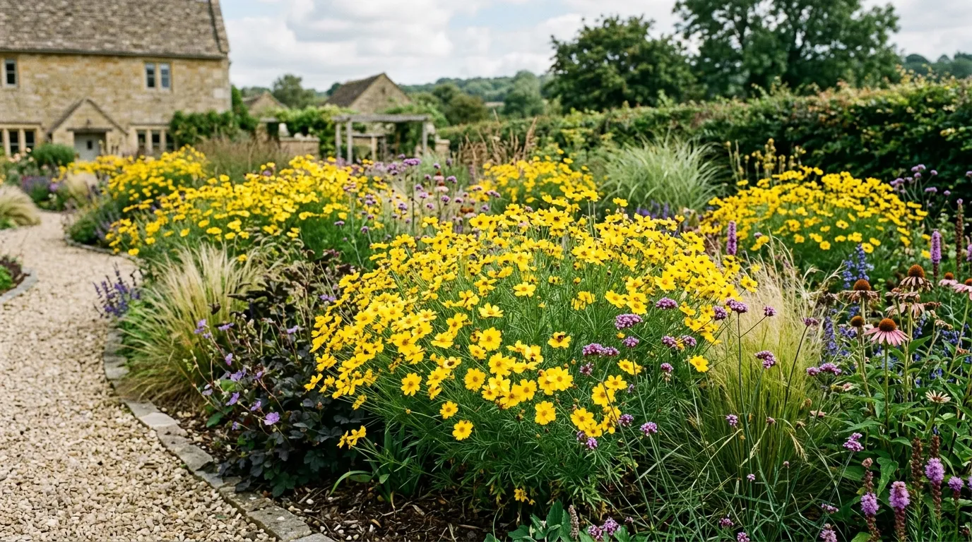 Bright yellow coreopsis tickseed flowers in a UK prairie-style garden border