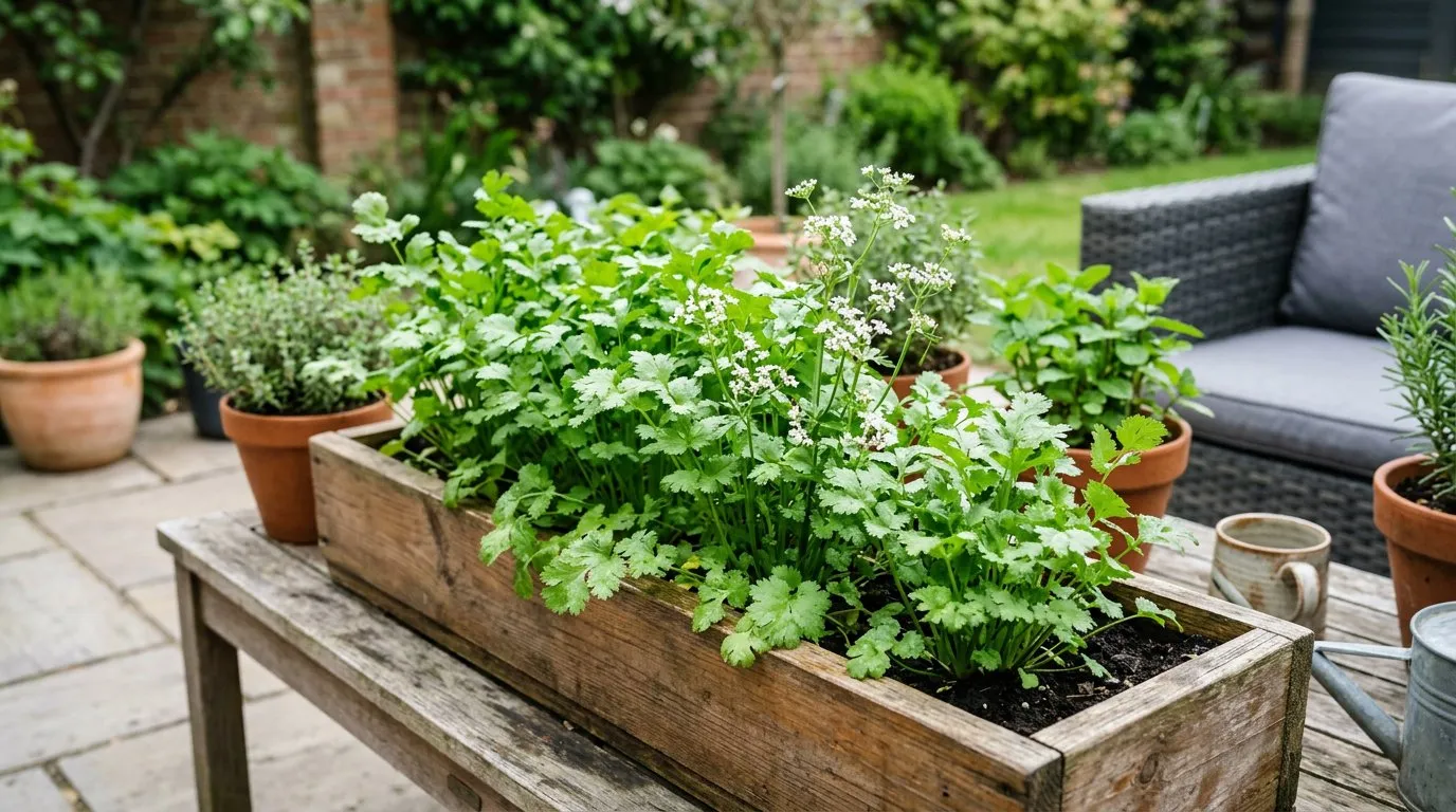 Fresh coriander plants growing in a trough on a UK patio with bright green feathery leaves