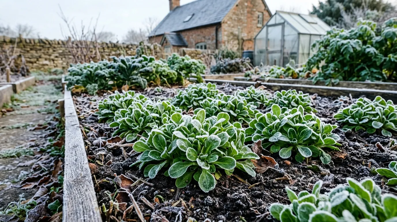 Corn salad lamb's lettuce rosettes growing in a frosty UK kitchen garden