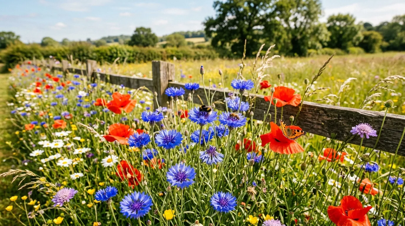 Vivid blue cornflowers growing in a UK wildflower meadow border in summer sunshine