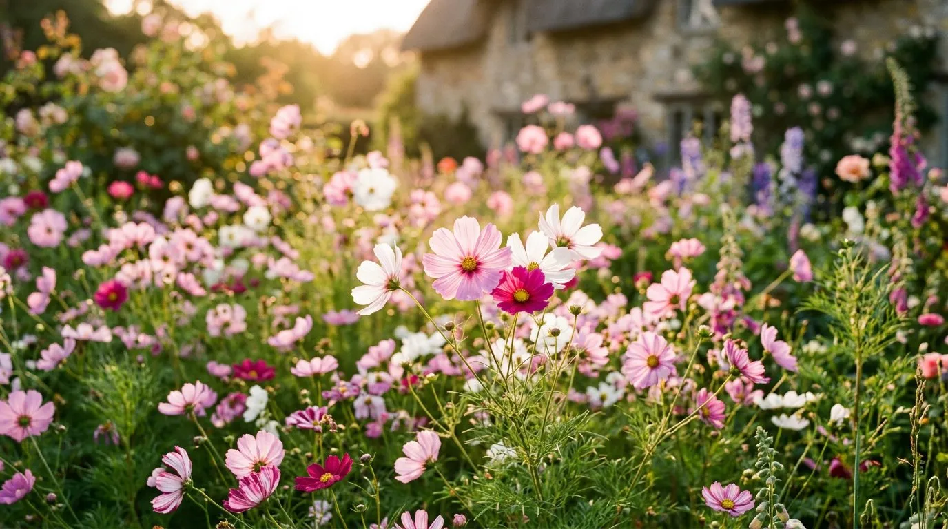 Pink and white cosmos flowers in full bloom in a sunny UK cottage garden border