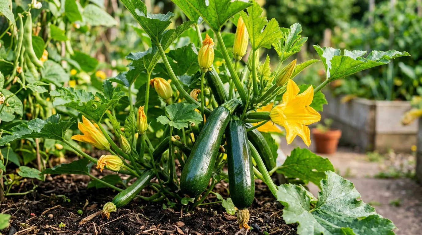 Green courgettes growing on the plant with yellow flowers in a sunny vegetable garden