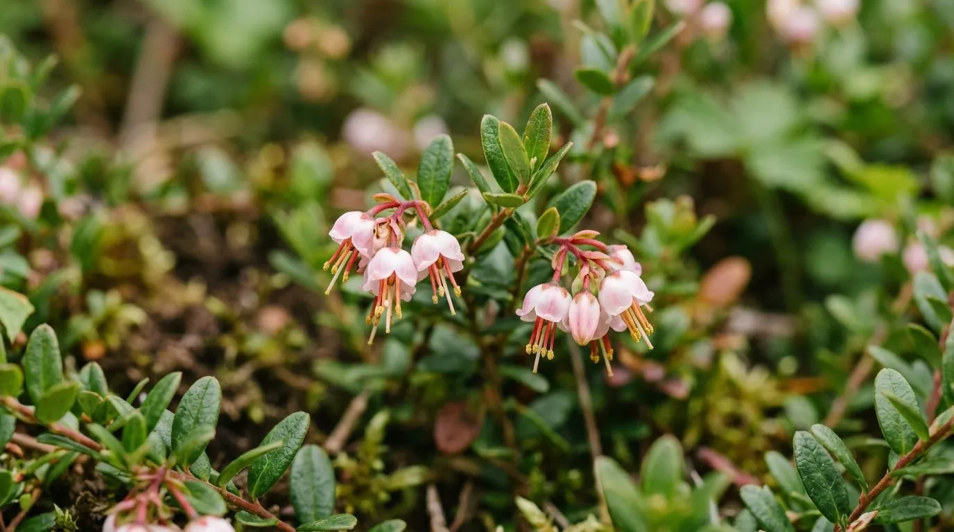 Close-up of cranberries flowering in a UK garden border for cranberries guide