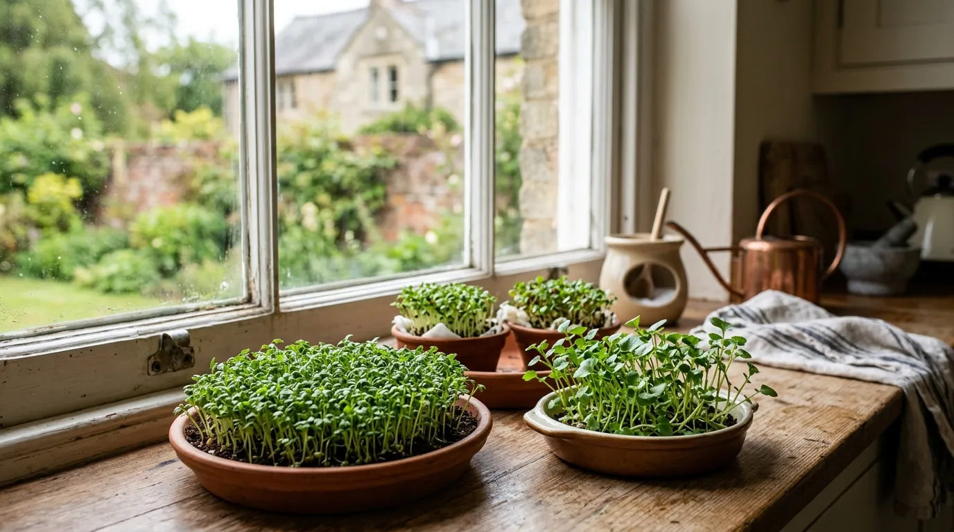 Cress and watercress growing on a UK kitchen windowsill and in a shallow container outdoors