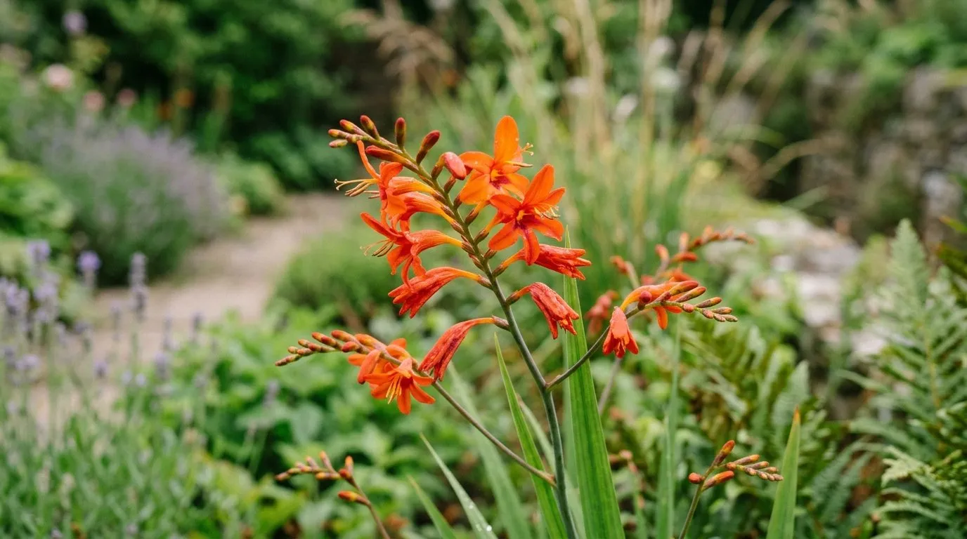 Close-up of crocosmia flowering in a UK garden border for crocosmia guide