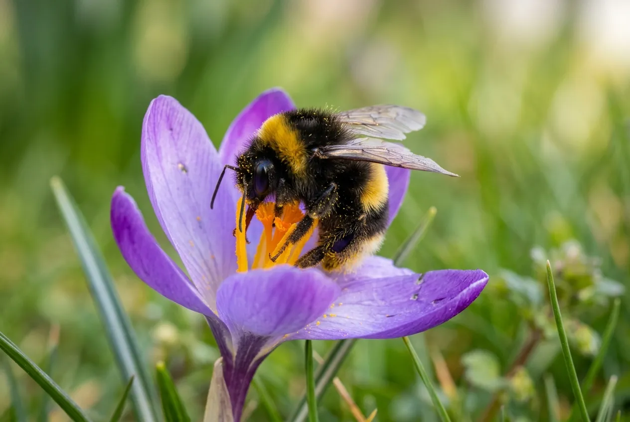 A bumblebee foraging on purple crocus flowers in early spring sunshine in a UK garden