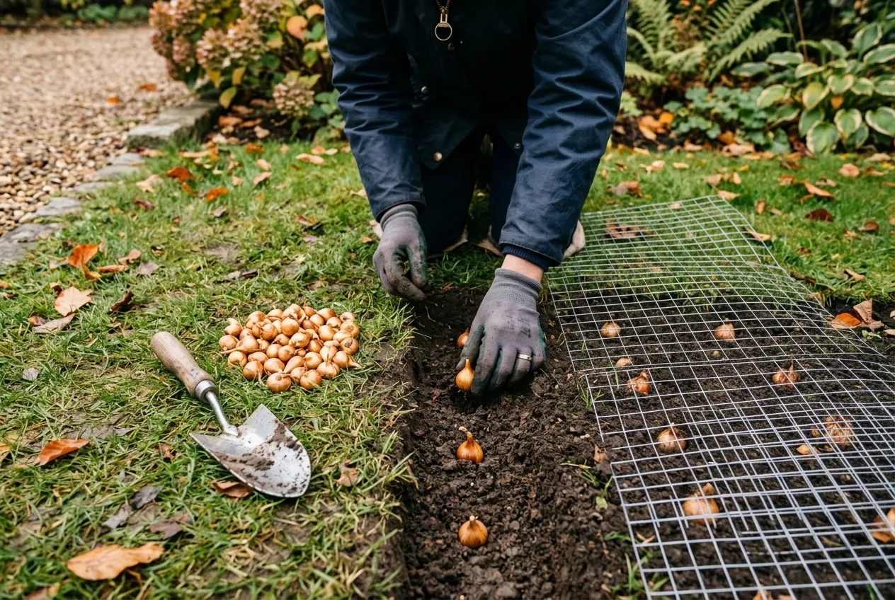 Crocus corms being planted in prepared soil in an autumn garden border