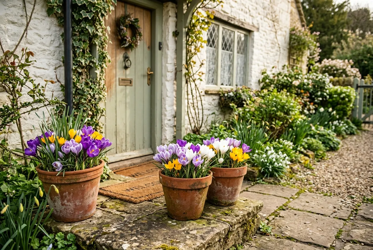 Crocus growing in terracotta pots on a garden patio with purple and yellow flowers
