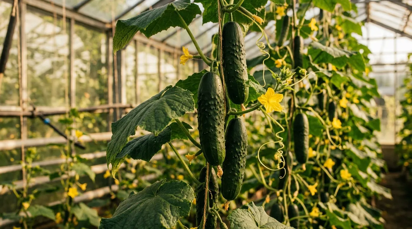 Green cucumbers growing on vines inside a greenhouse with yellow flowers