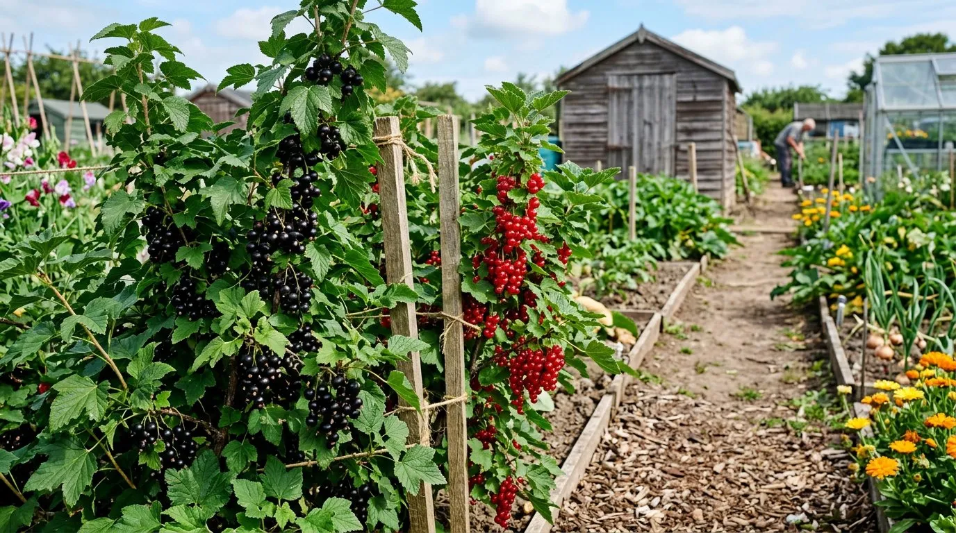 Blackcurrant and redcurrant bushes side by side in an English allotment
