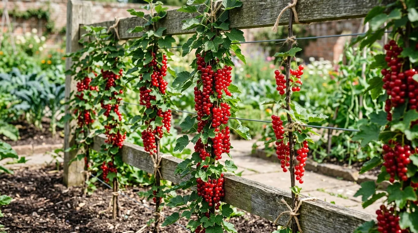 Redcurrant cordons trained as single stems with strings of red berries