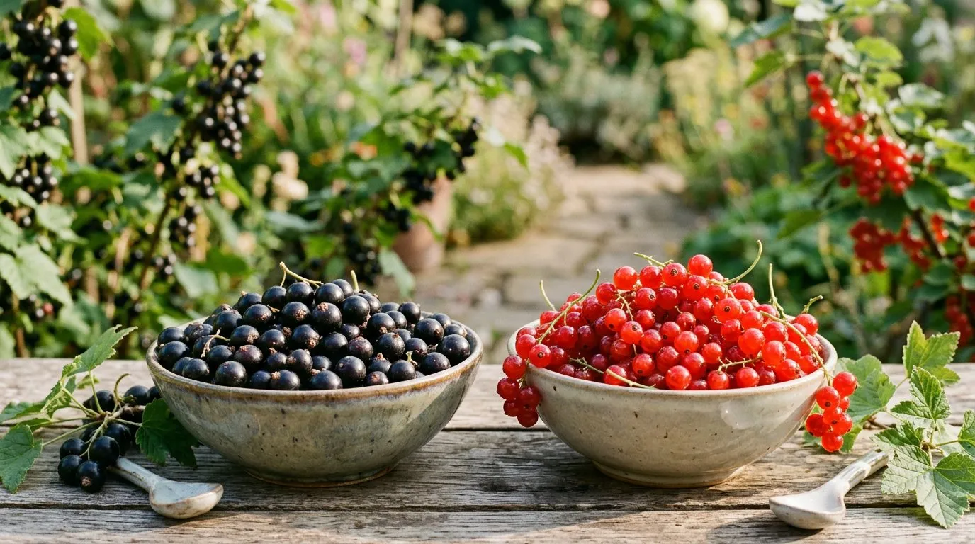 Freshly picked blackcurrants and redcurrants in separate bowls