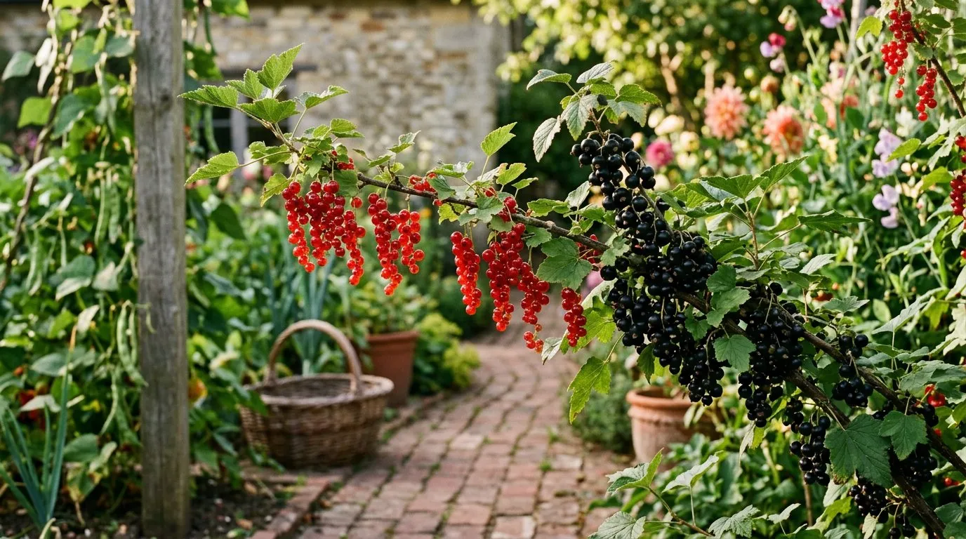 Redcurrant and blackcurrant bushes side by side in a UK kitchen garden