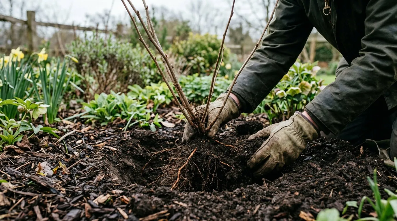Bare-root blackcurrant bush being planted deeply in rich soil