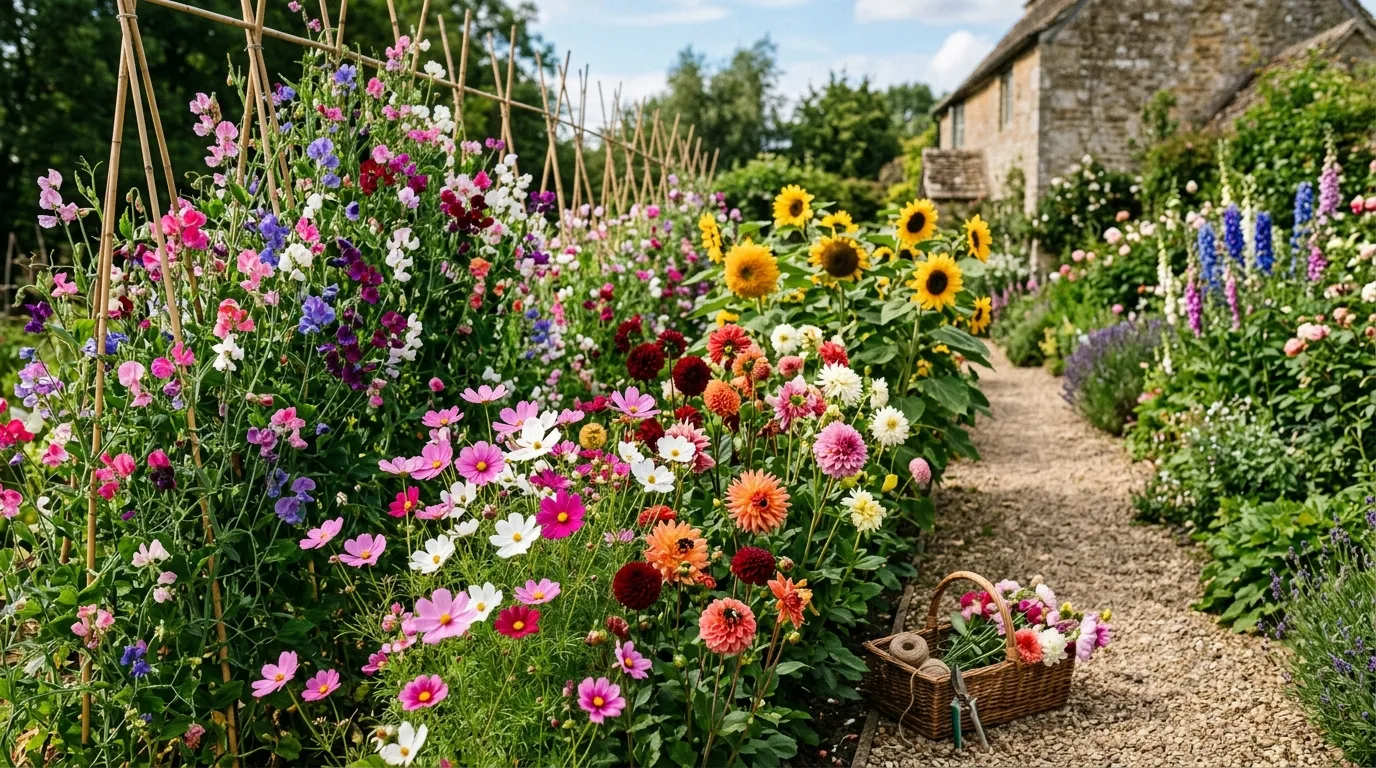 Growing cut flowers in a UK cutting garden with sweet peas and dahlias