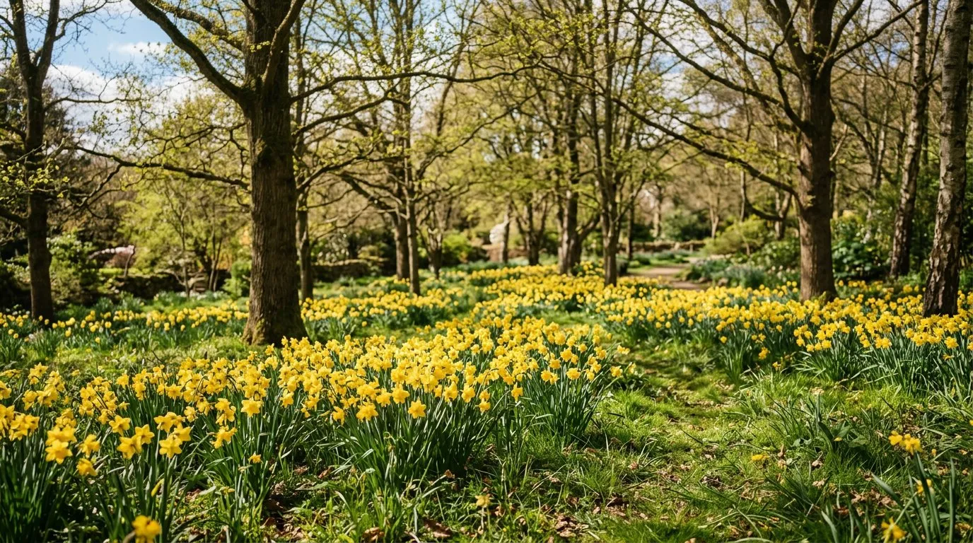 Golden daffodils naturalised in grass beneath trees in a UK garden in spring