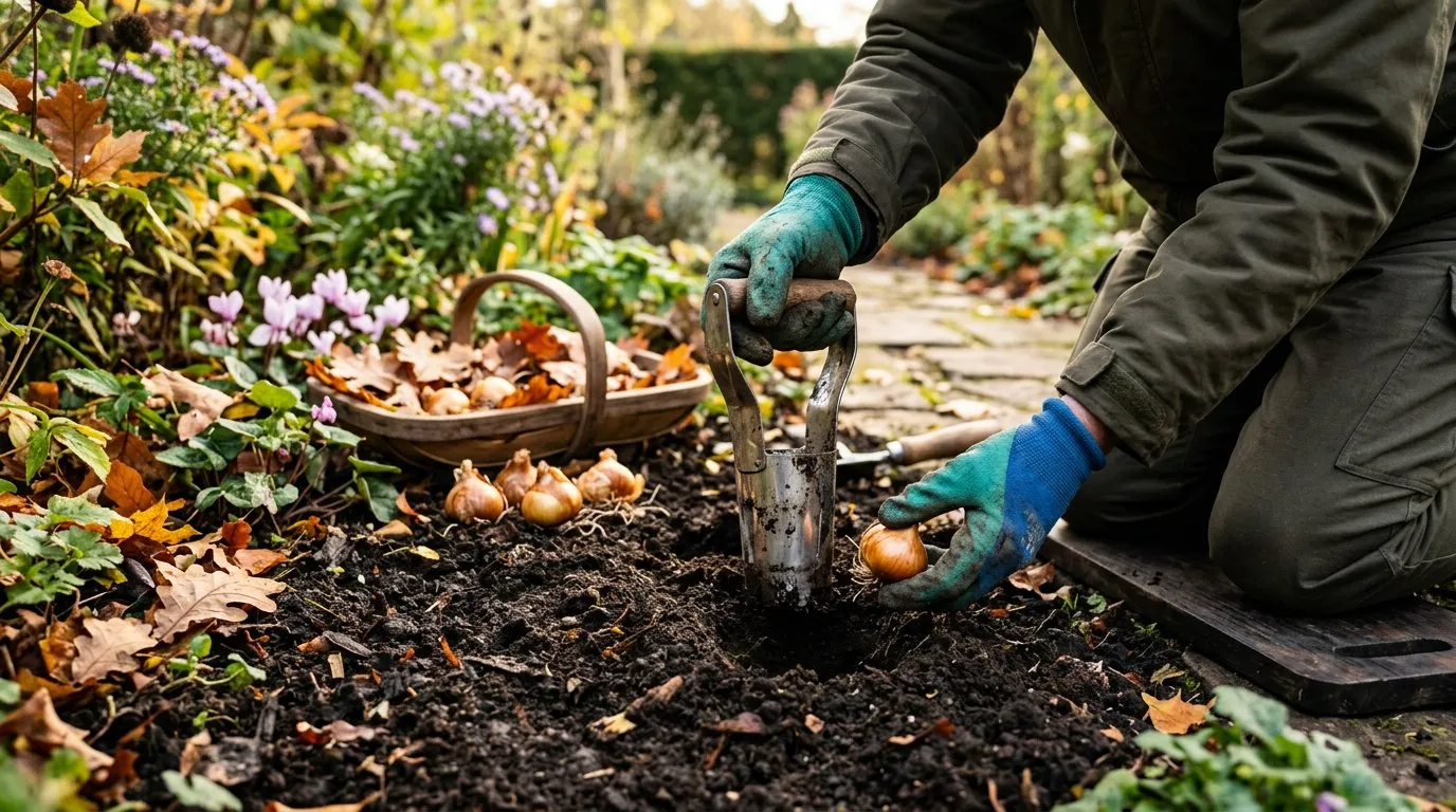 Daffodil bulbs being planted in prepared soil in a garden border using a bulb planter