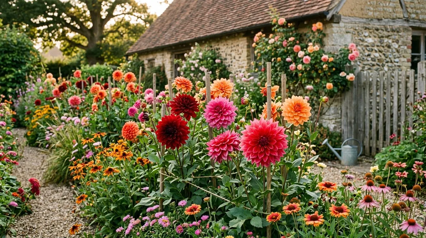 Large decorative dahlias in red pink and orange in a cottage garden border