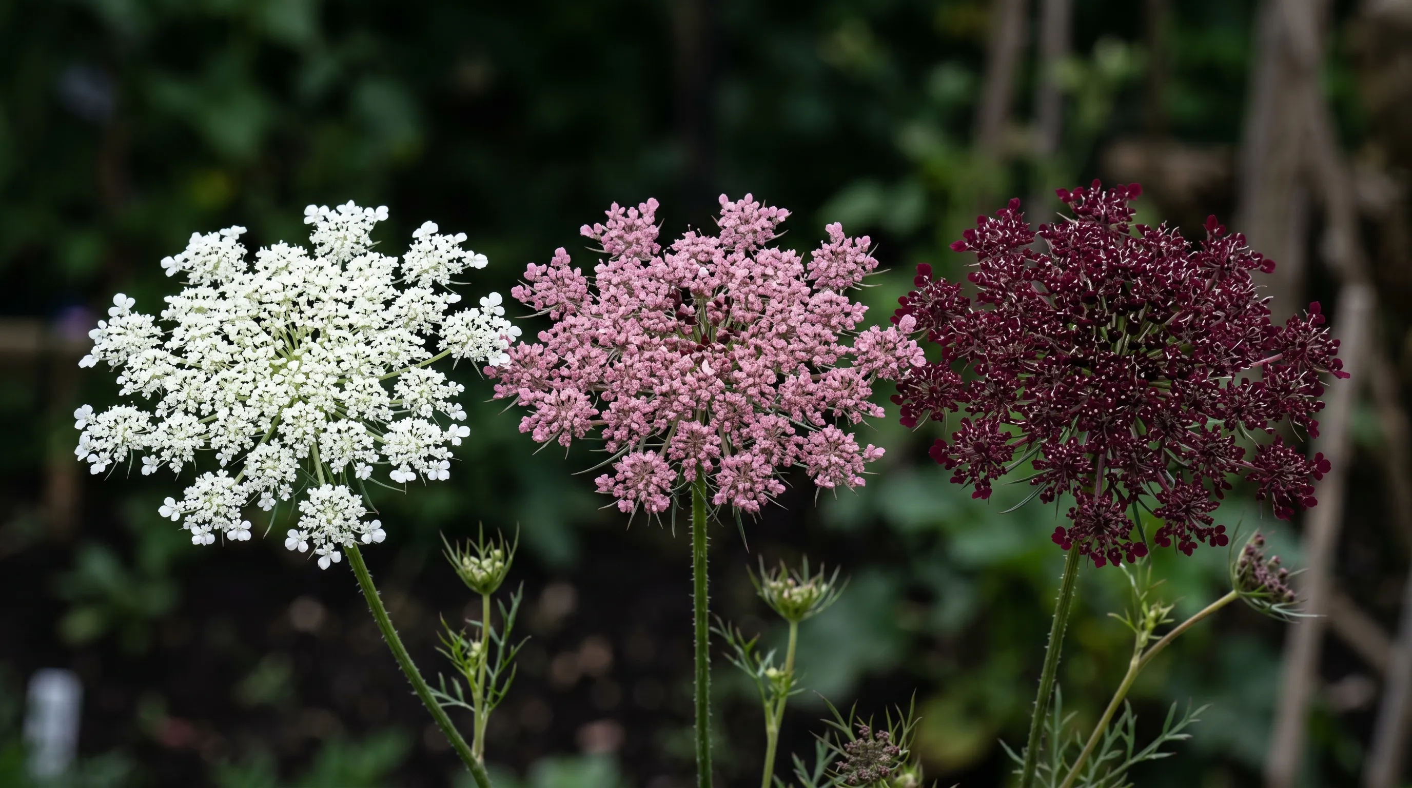 Three Daucus Dara umbels side by side showing colour gradient from white through pink to deep burgundy