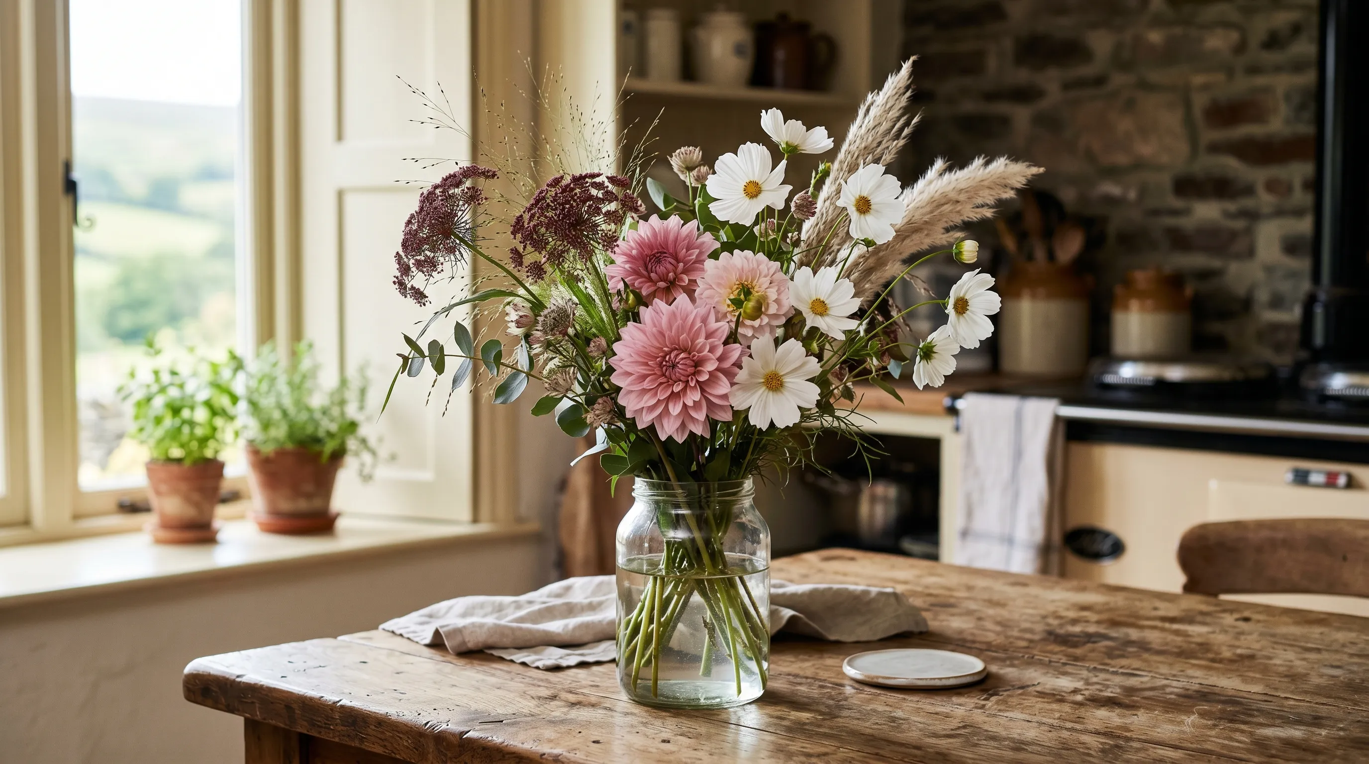 Hand-tied bouquet of Daucus Dara, dahlias, and grasses in a glass jar on a Welsh farmhouse kitchen table