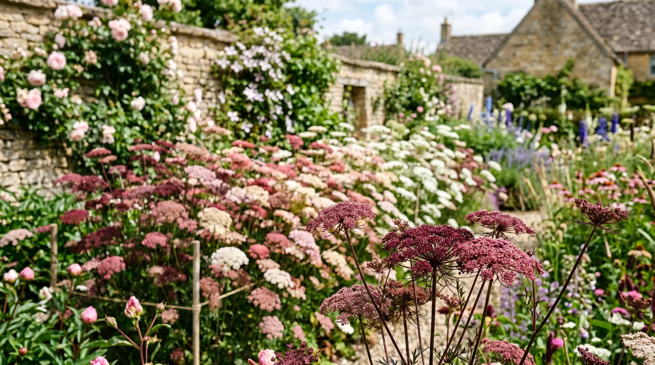 Mass of Daucus carota Dara chocolate lace flowers in burgundy, pink and white in a UK cottage cut-flower bed
