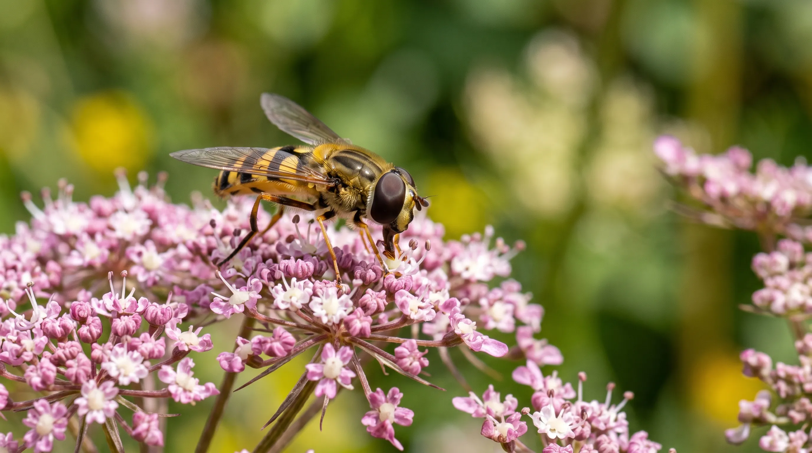 Hoverfly Episyrphus balteatus feeding on a pink Daucus Dara umbel