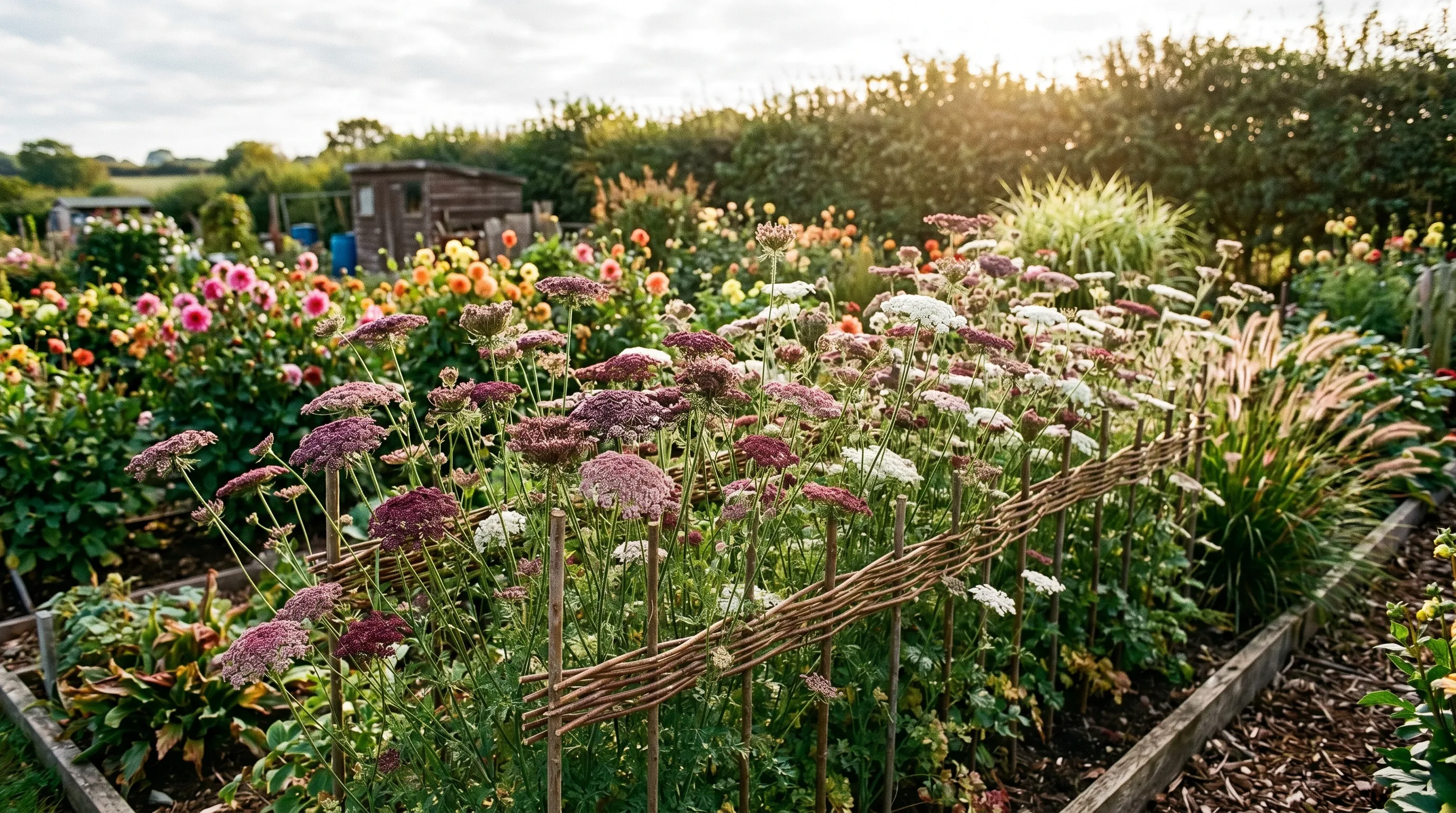 Mature Daucus Dara plants 1.1m tall in a Staffordshire allotment cut-flower bed