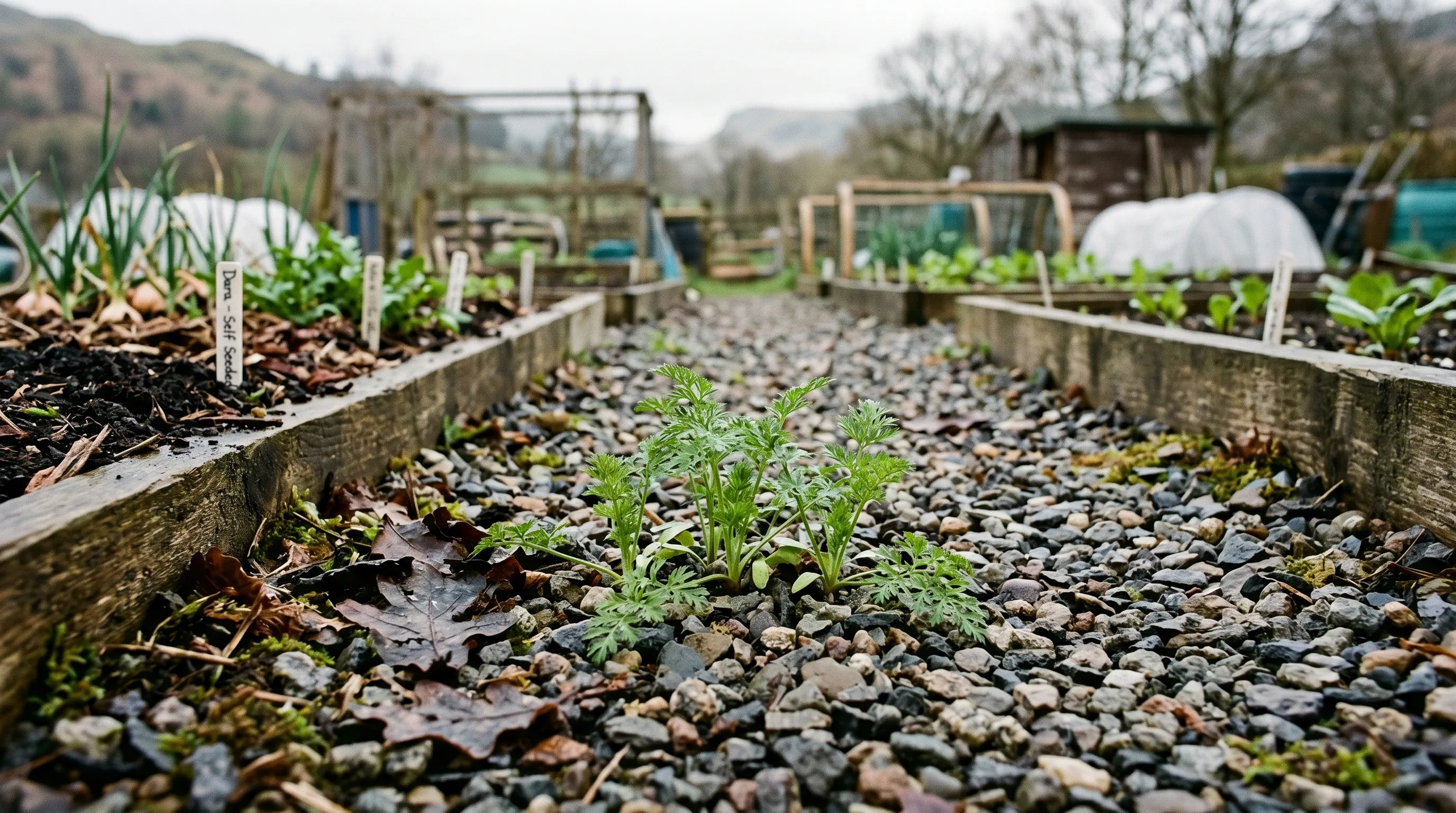 Self-sown Daucus Dara seedlings emerging through gravel path at a Lake District allotment