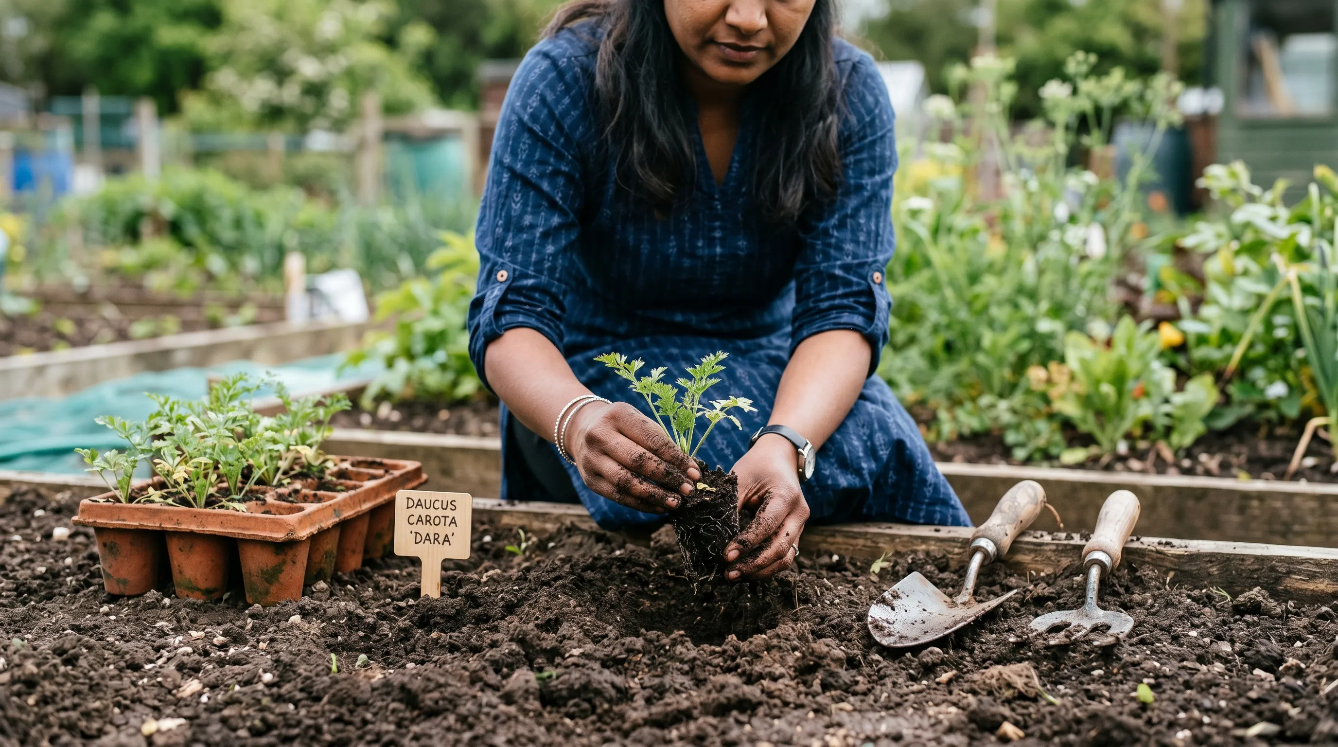 Indian gardener transplanting young Daucus Dara seedlings into a UK allotment cut-flower bed in May