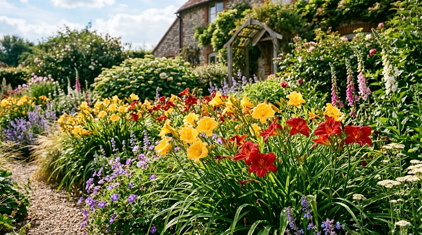 Golden and red daylily flowers in a sunny UK perennial border