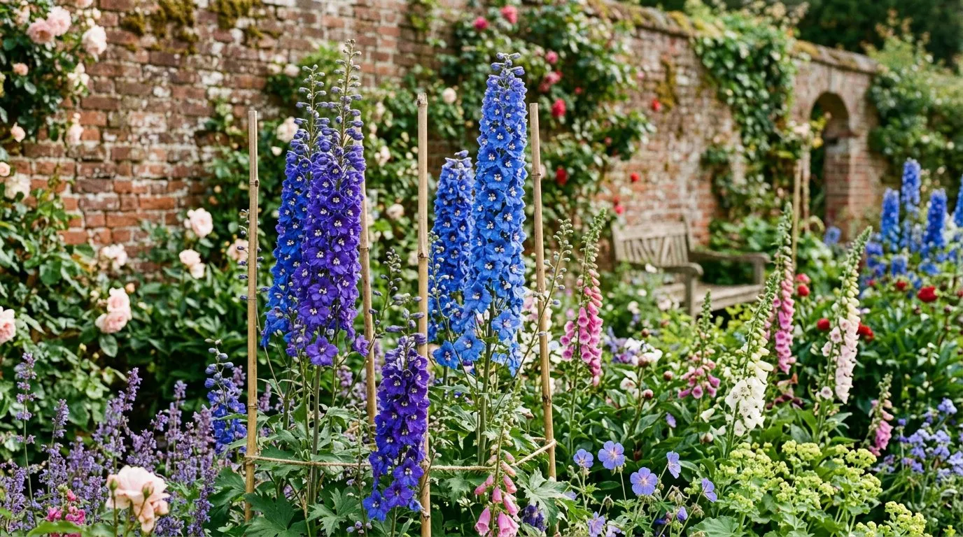 Tall blue delphinium spikes growing in a sunny English cottage garden border