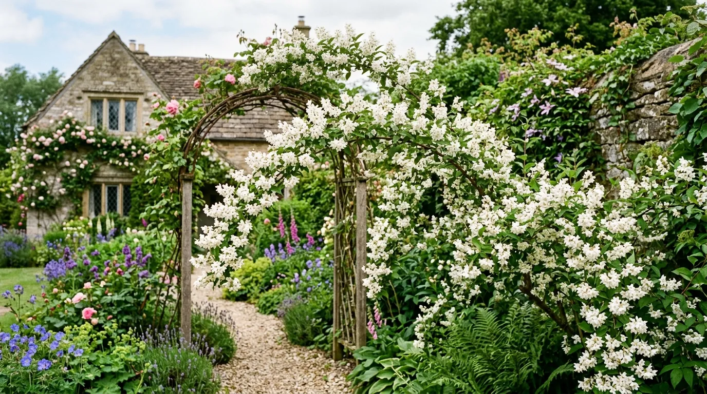White deutzia flowers in clusters on arching branches in a UK garden