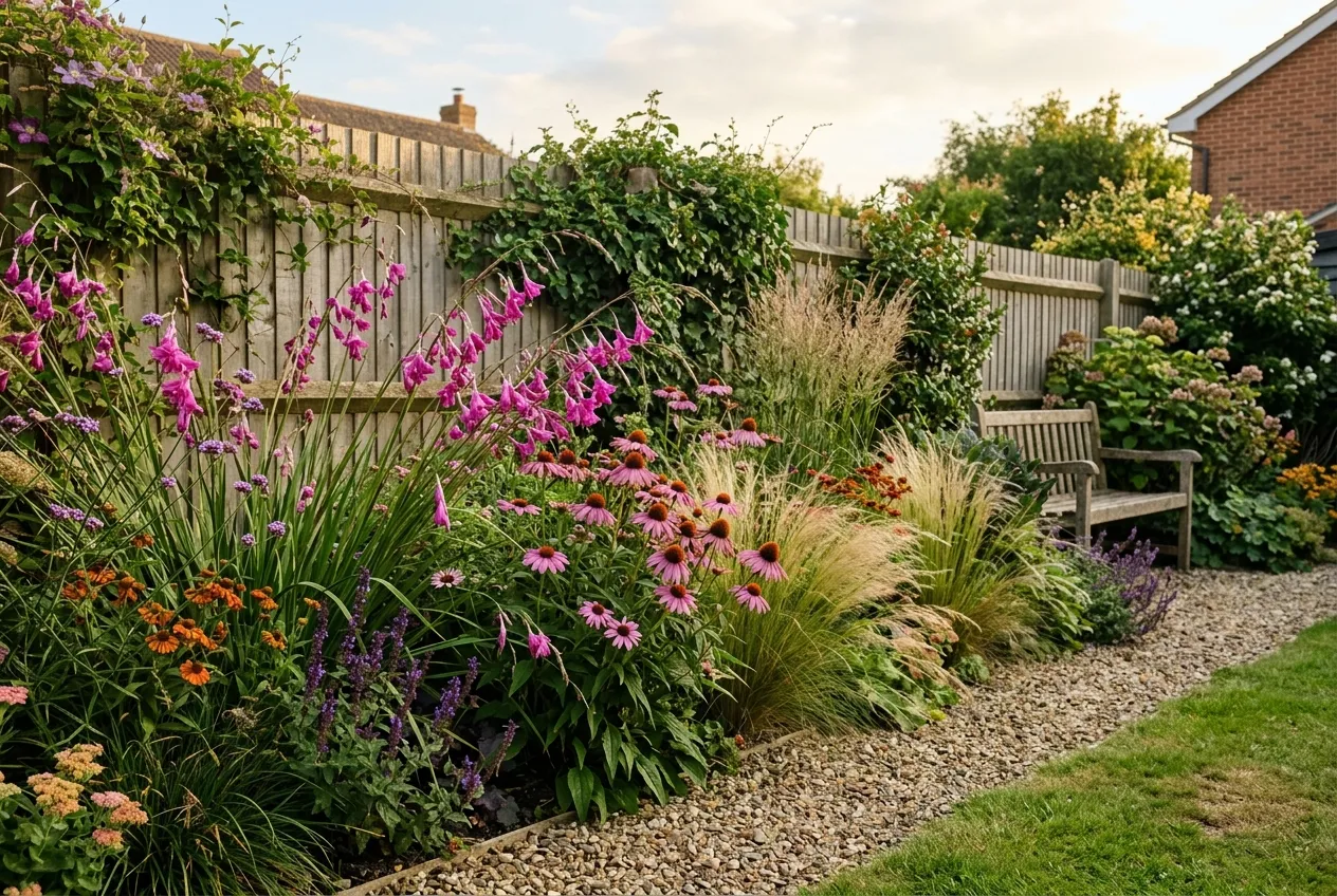 Dierama growing in a mixed border with echinacea and ornamental grasses in a suburban UK garden with a timber fence