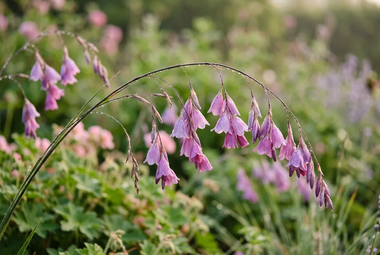 Close-up of dierama bell-shaped flowers in pink and purple hanging from an arching stem with morning dew in a garden border