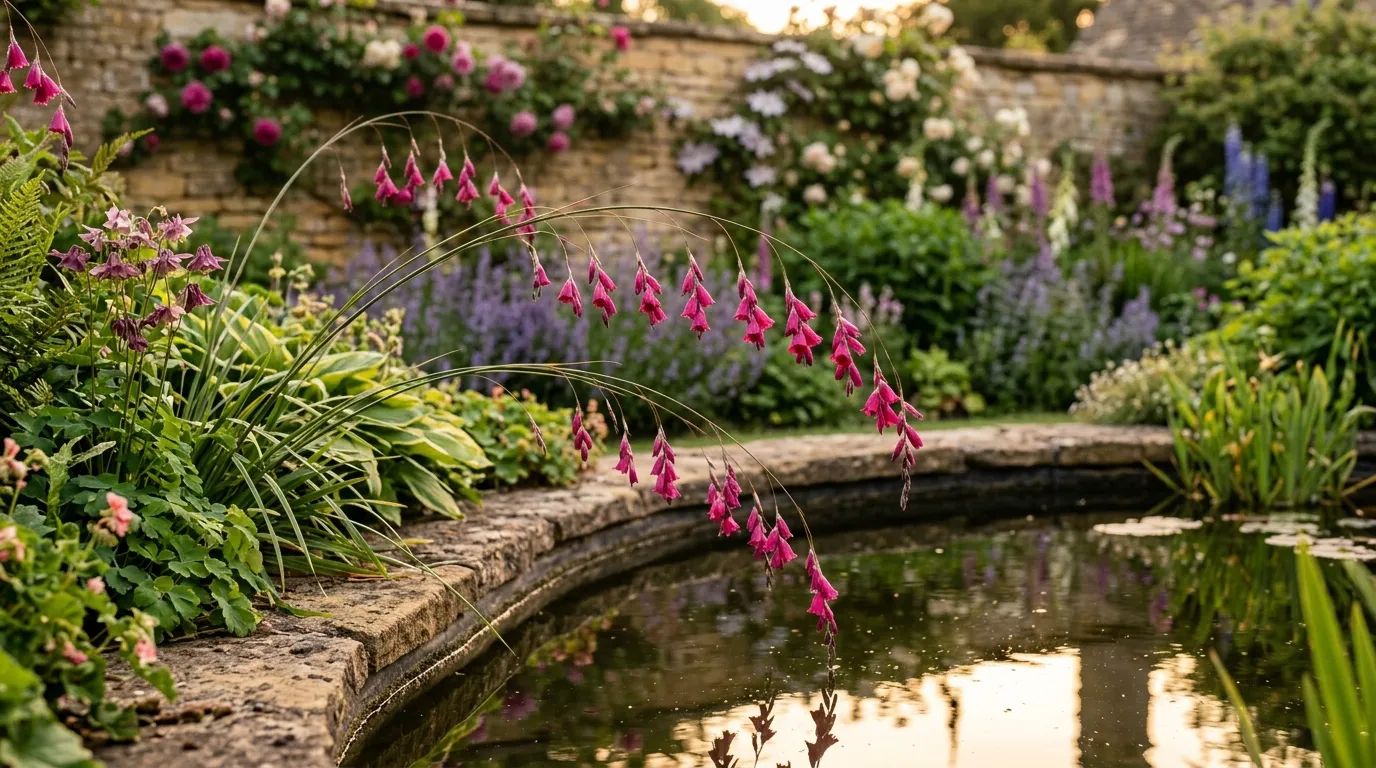 Dierama angel's fishing rod arching over a garden pond with deep pink bell-shaped flowers in an English country garden