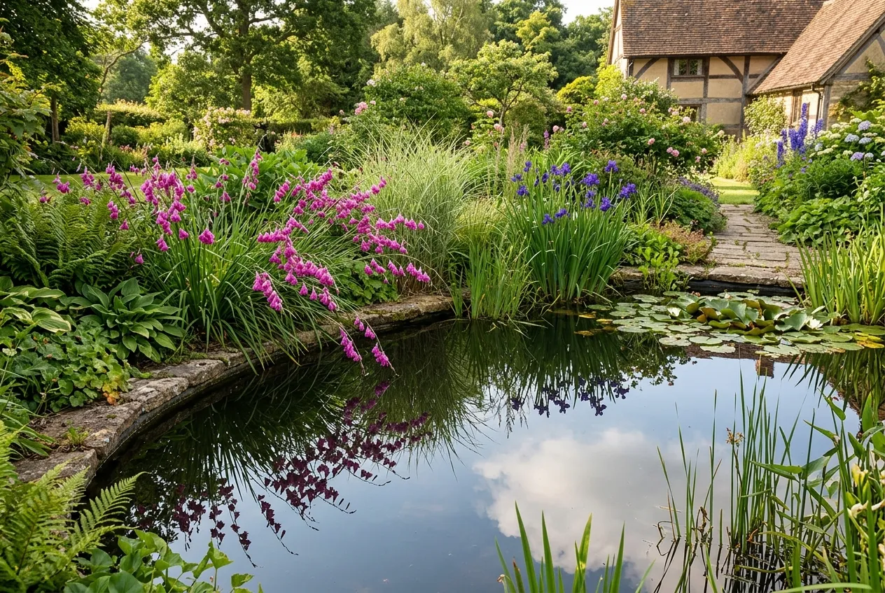 Dierama planted beside a garden pond with ornamental grasses and iris, reflections in still water in a rural UK garden setting