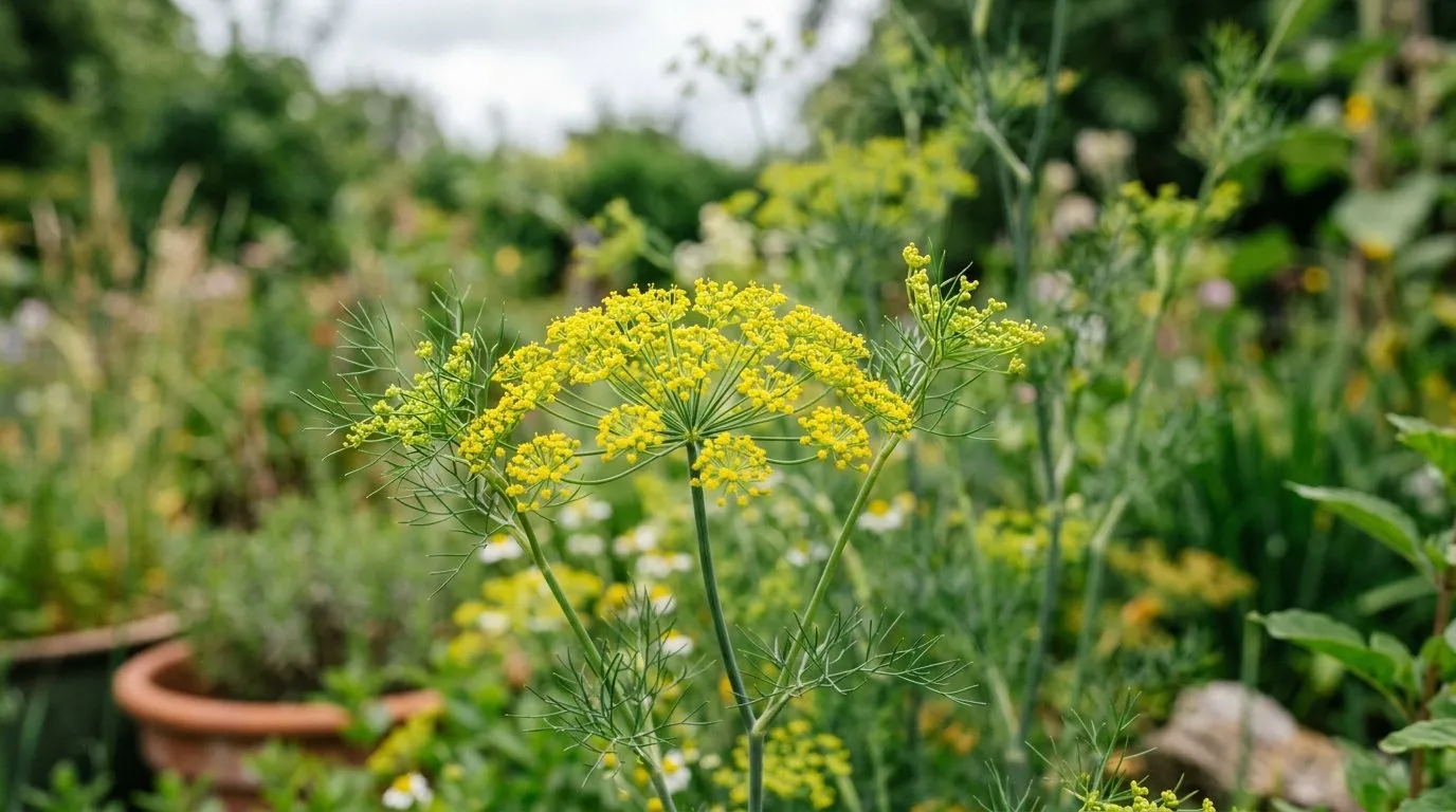 Close-up of dill flowering in a UK garden border for dill guide