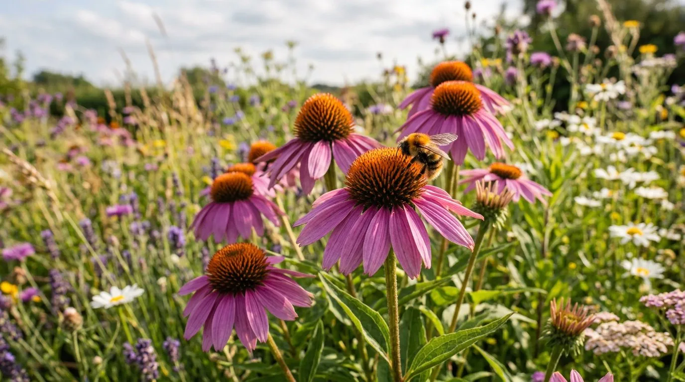 Pink echinacea coneflowers in full bloom in a sunny UK cottage garden border with bees visiting