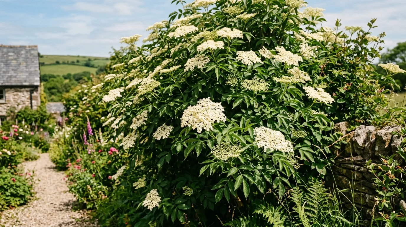 Elderberry shrub in full flower with creamy white flower heads in a UK garden