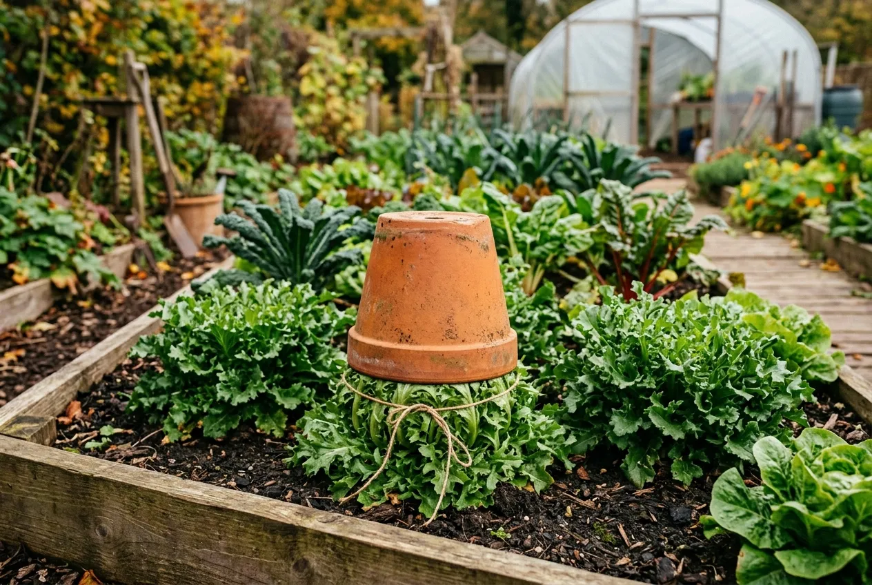 Blanching endive using an upturned terracotta pot in a UK vegetable garden