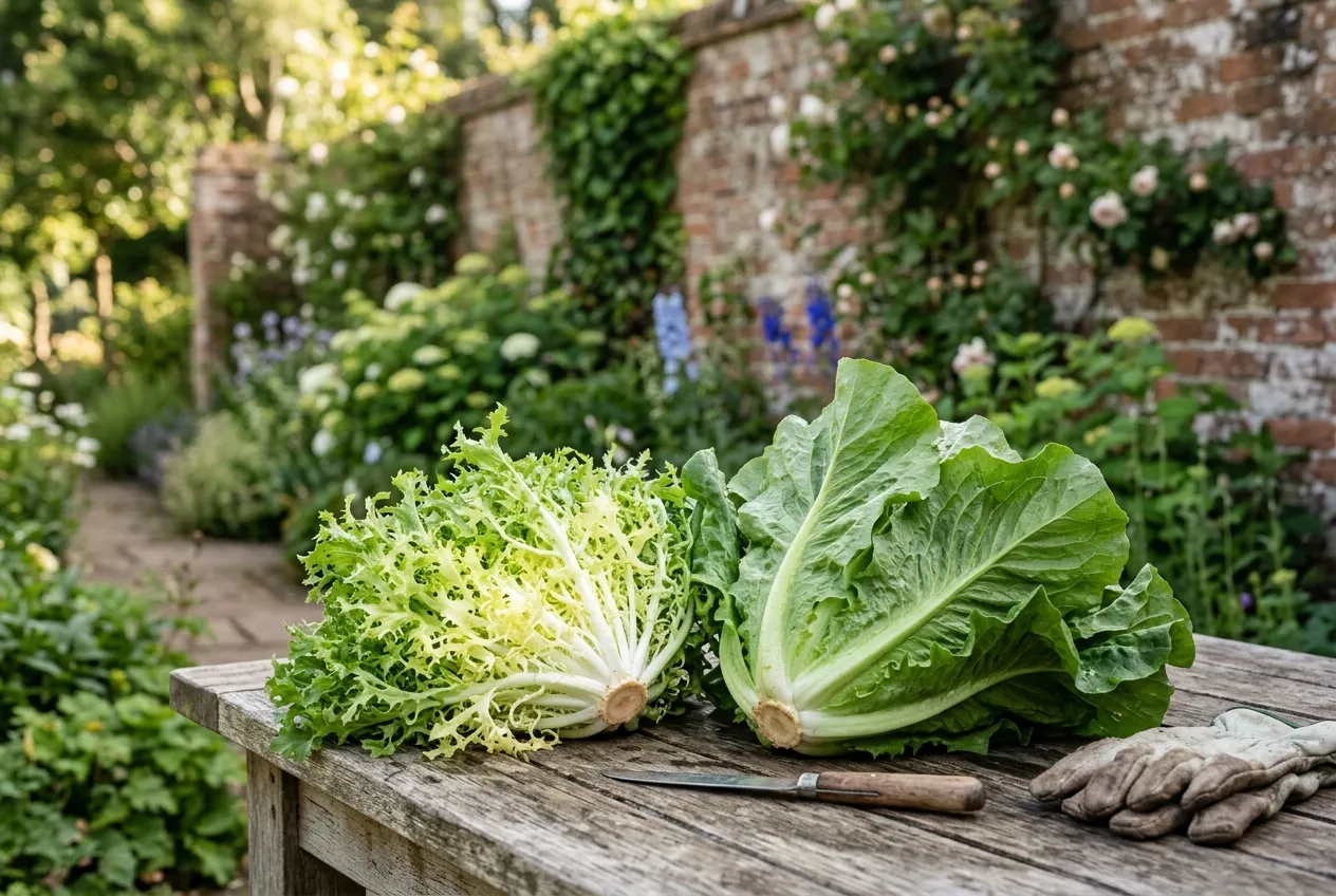 Freshly harvested curly frisee endive and broad-leaved escarole on a garden table