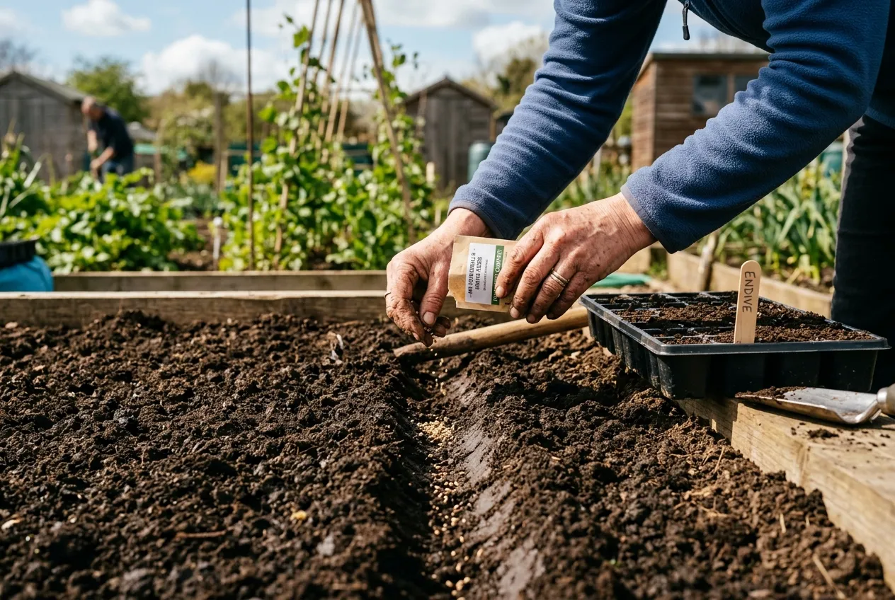 Endive seeds being sown into prepared soil at a UK allotment in spring