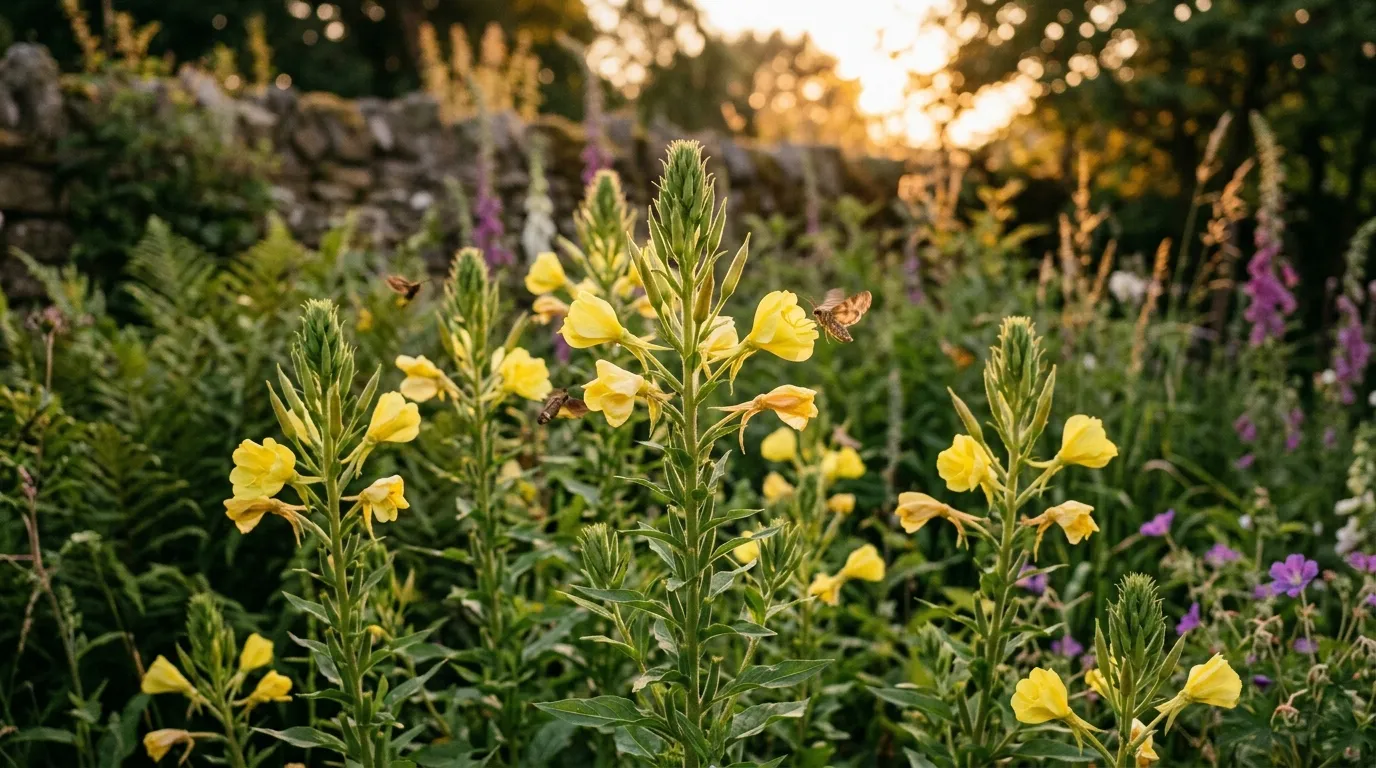 Yellow evening primrose flowers opening at dusk in a wild UK garden border