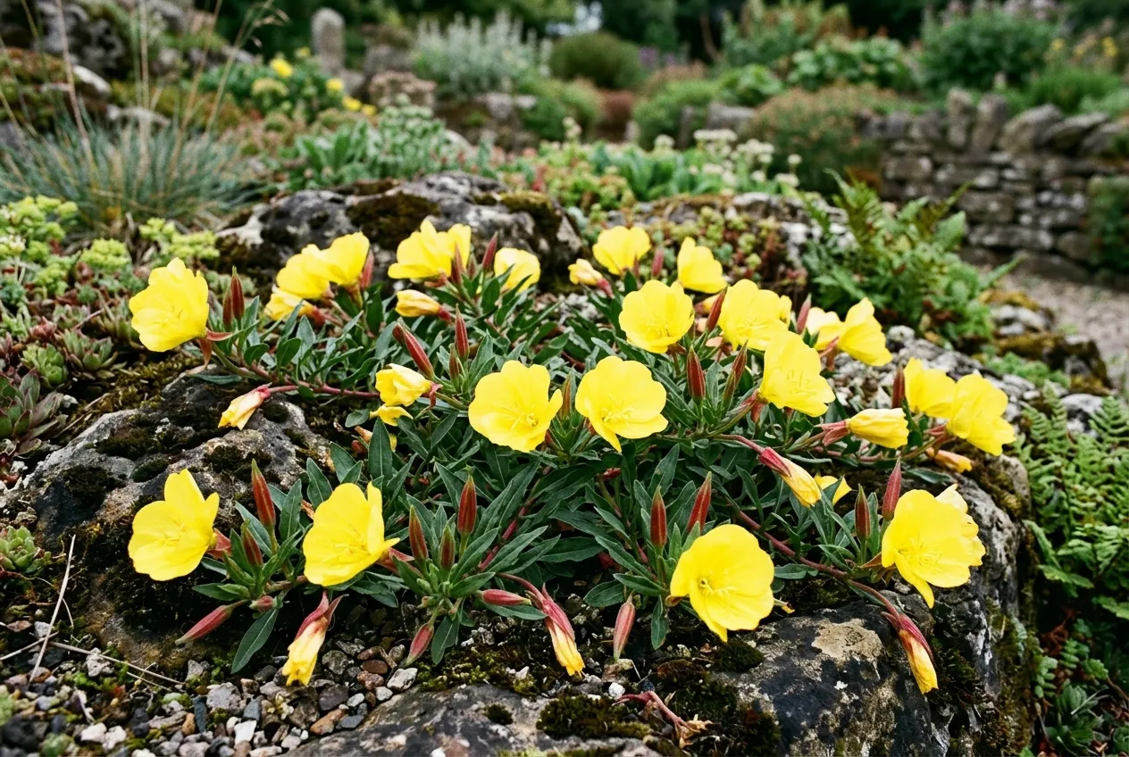 Oenothera macrocarpa with large yellow flowers trailing over a stone wall in a UK garden