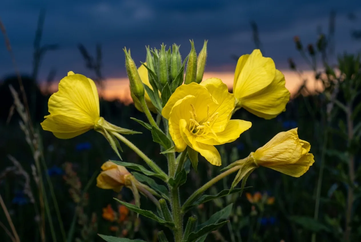 Evening primrose flowers opening at dusk with visible petals unfurling in a UK garden