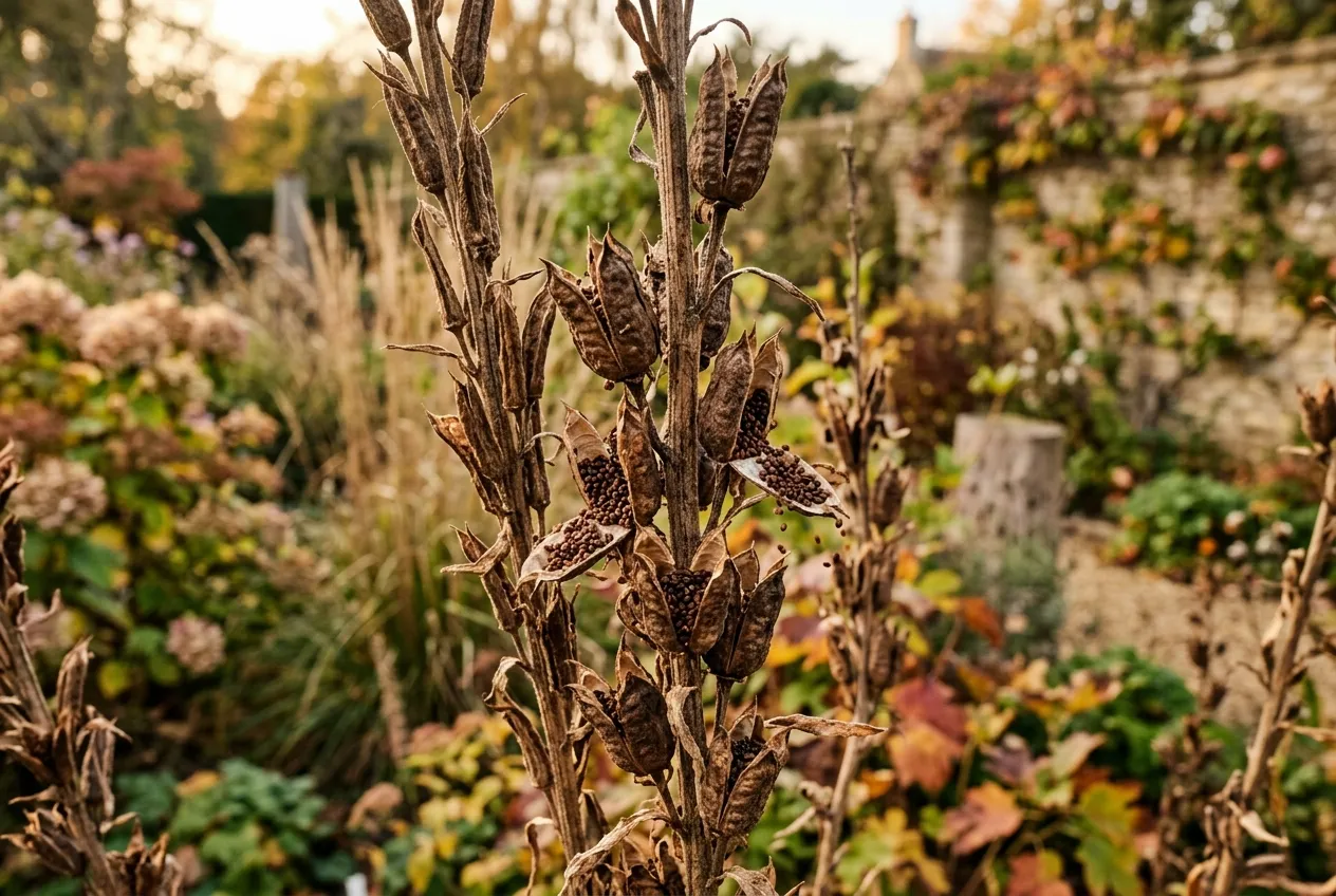 Evening primrose seed capsules ripening on the stem ready for collection in a UK garden
