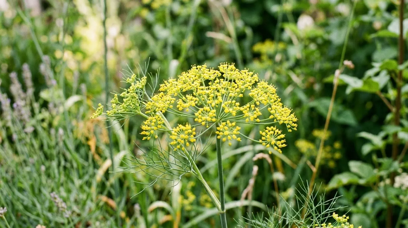 Close-up of fennel herb flowering in a UK garden border for fennel herb guide
