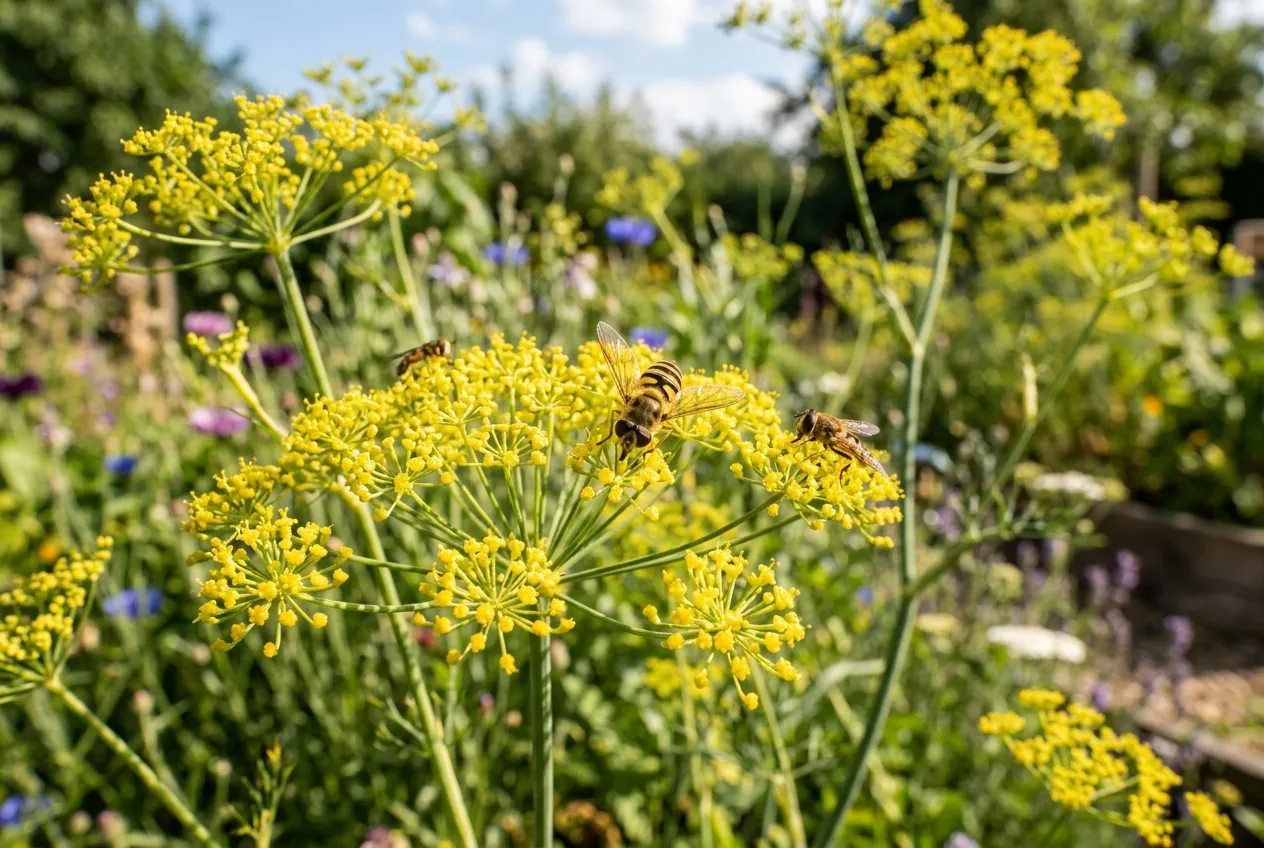 Fennel herb with yellow umbel flowers covered in hoverflies and beneficial insects in a sunny UK garden