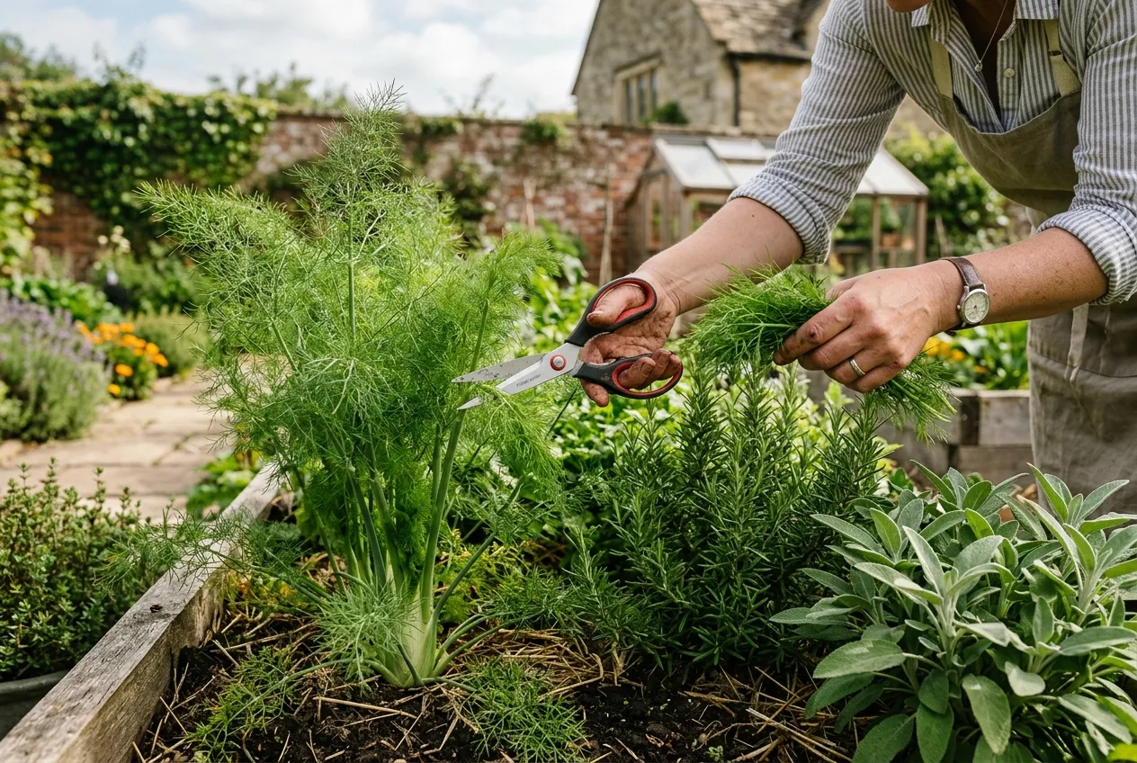 Fennel herb fronds and seeds being harvested into a wooden bowl in a UK kitchen garden