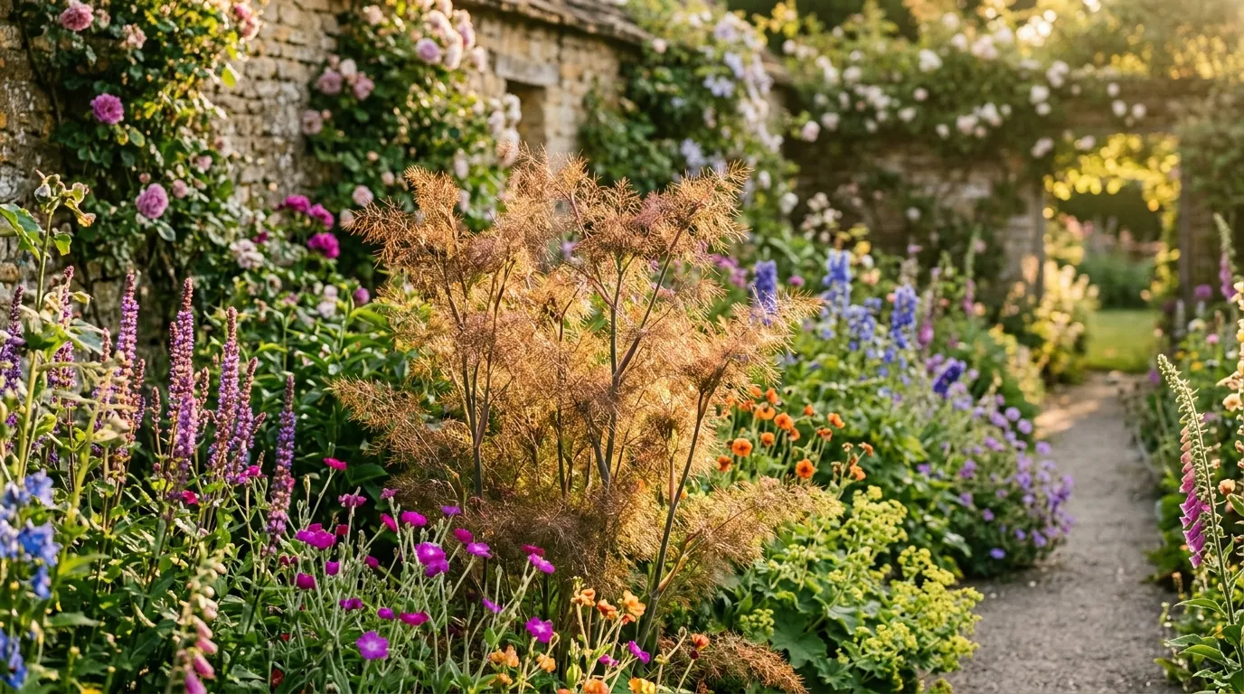 Fennel herb growing tall with feathery green foliage and yellow flower umbels in a UK garden border